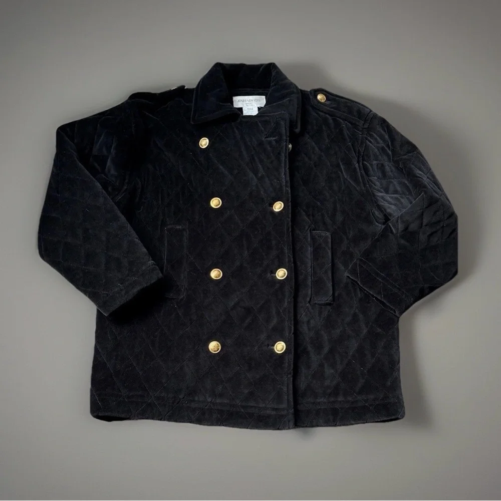 Jones New York Black Velvet Quilted Pea Coat with Gold Buttons Size PL‎